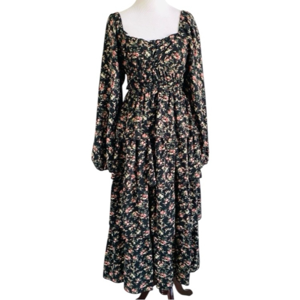 Altar'd State Maxi Dress Floral Long Sleeve Black Tier Cottagecore Boho XS Ditsy